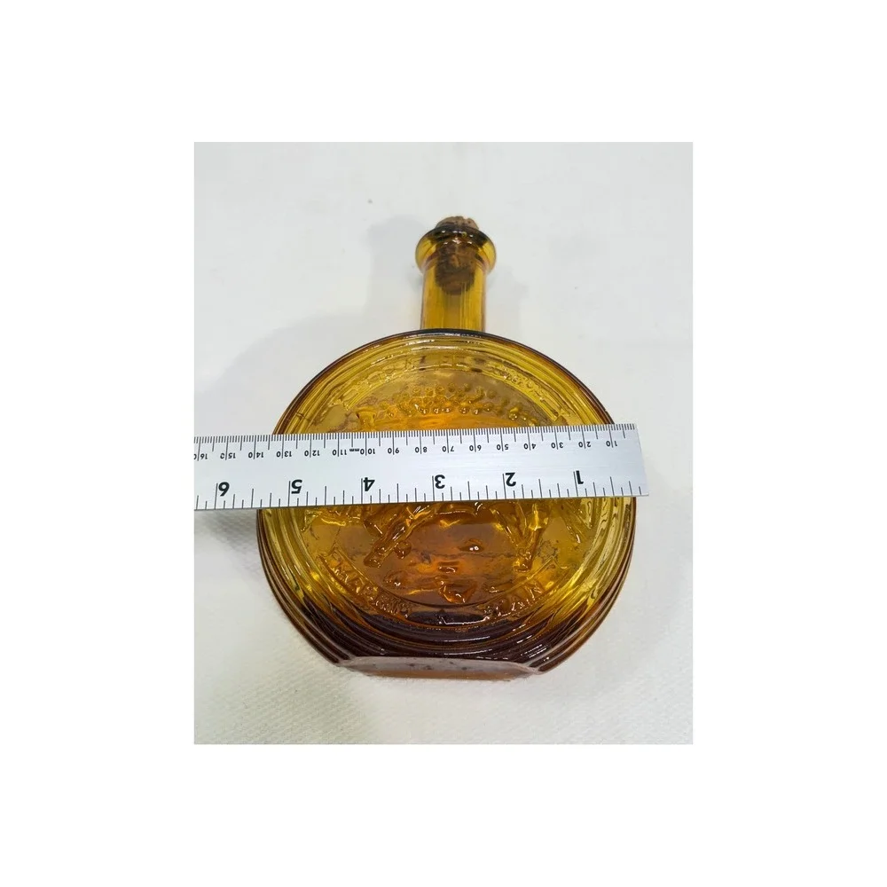 Vintage Amber Glass Bull Decanter Made in Italy Cork Stopper Round Bottle 8.5in